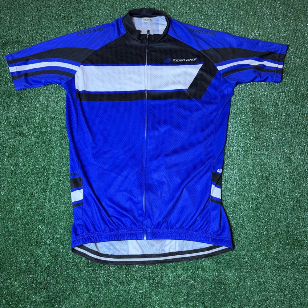 Zero Bike Mens Cycling Jersey Large Blue Black White Full Zip Short Sleeve Mesh